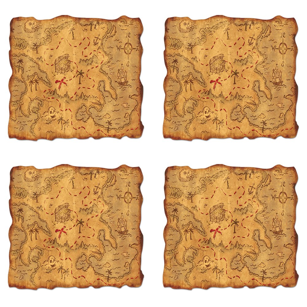 Beistle Plastic Treasure Map 4 Pack, Rolled Pirate Maps with Vintage Look, Adventure Props for Pirate-Themed Parties, Treasure Hunts, Festivals, Theatrical Productions & Decorations, 12 x 18