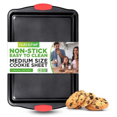 15 Non Stick Cookie Sheet, Medium Gray Commercial Grade Restaurant Quality Carbon Metal Bakeware with Red Silicone Handles, Compatible with Model NCSBS3S