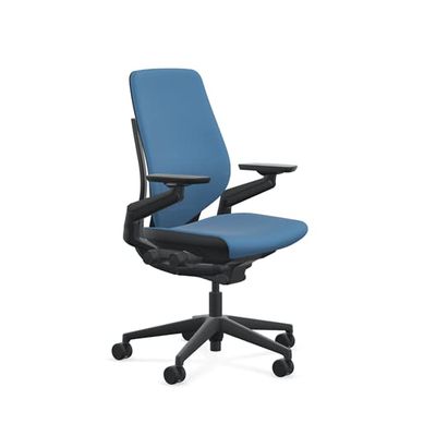 Steelcase Gesture Office Chair - Era Cobalt Fabric, Low Seat Height, Shell Back, Black on Black Frame, Lumbar Support, and Hard Floor Casters