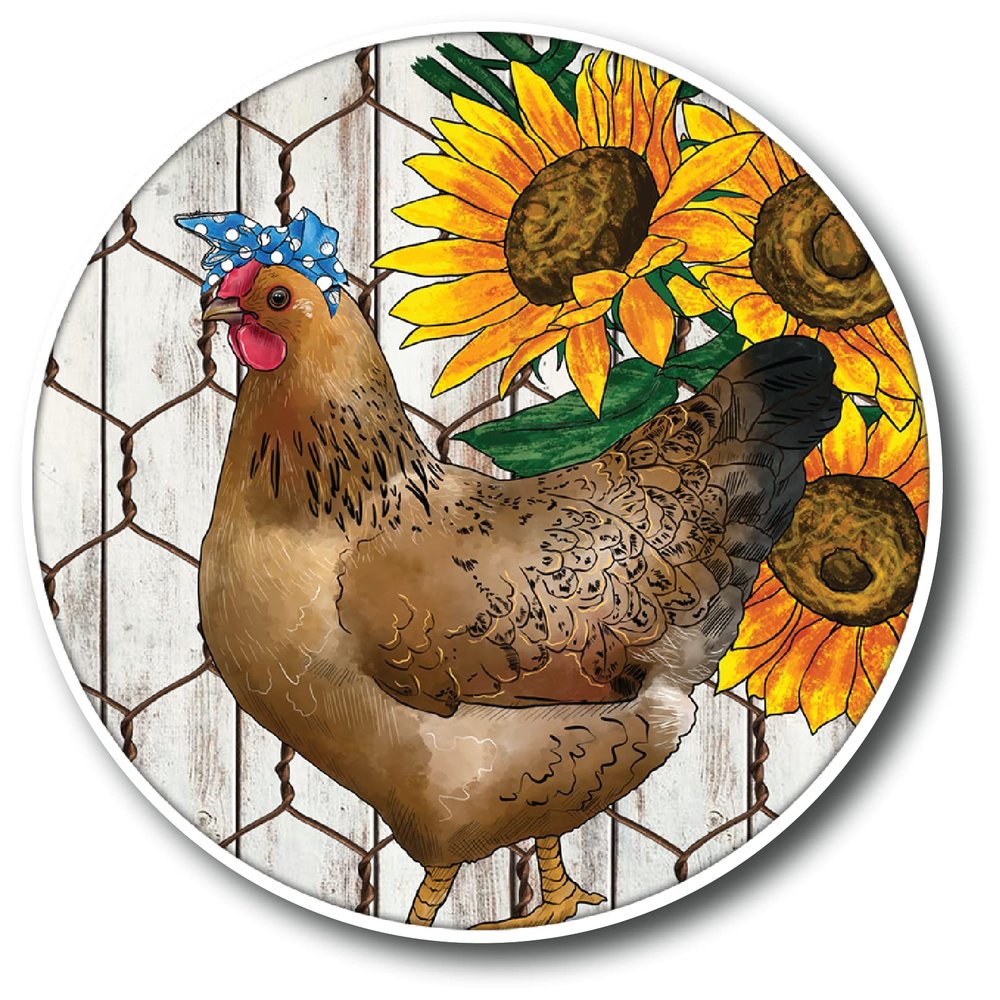 Chicken Sunflower 5 inch Waterproof Decal Sticker Farm Wire Barn Boho Western Farmhouse Country Cowboy Cowgirl Wood Feather Rodeo Sunflower Animals Vintage Chicken Cow Pig Horse CS1427-2PK