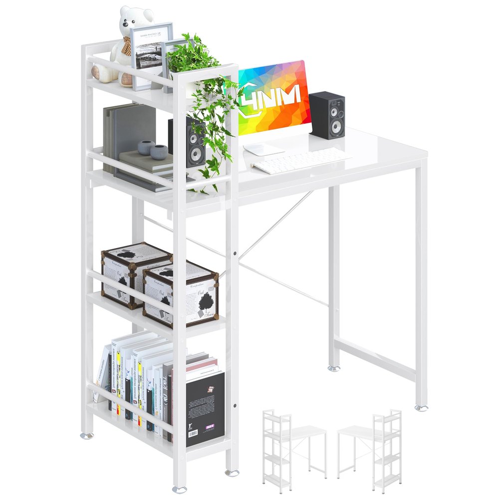 4NM 35" Small Computer Desk with 4-Tier Bookshelf, Home Office Desk Writing Workstation Study Table Multipurpose for Small Space Work - All White