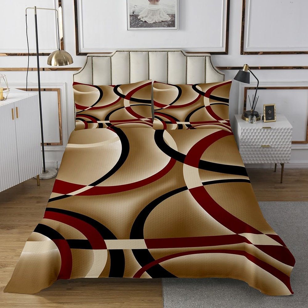 3 Piece Retro Circle Quilt Bedding Set Women Aldult Lightweight Bedding Red Brown Black Bedspread Set Stripe Line Art Bedspread Coverlet Soft Microfiber Home Quilt Set for King Bed All Season