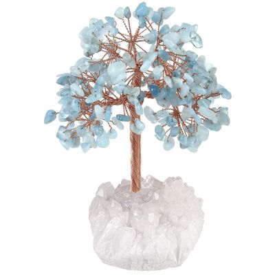 Amogeeli Healing Aquamarine Tree on Natural Rock Crystal Cluster Base, Fengshui Copper Money Tree Bonsai Desk Decoration for Luck & Wealth