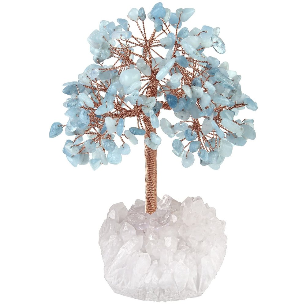Amogeeli Healing Aquamarine Tree on Natural Rock Crystal Cluster Base, Fengshui Copper Money Tree Bonsai Desk Decoration for Luck & Wealth