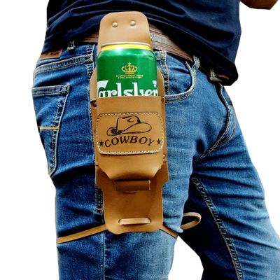 5MOONSUN5's Beer Holster Leather Cowboy Beer Holster, Handsfree Beverage Holder, Bottle Leg Grip, Old School, Western Drinking, Men's Party Gift Gear, Handmade with Brass Metal Rivets (Beige Brown)