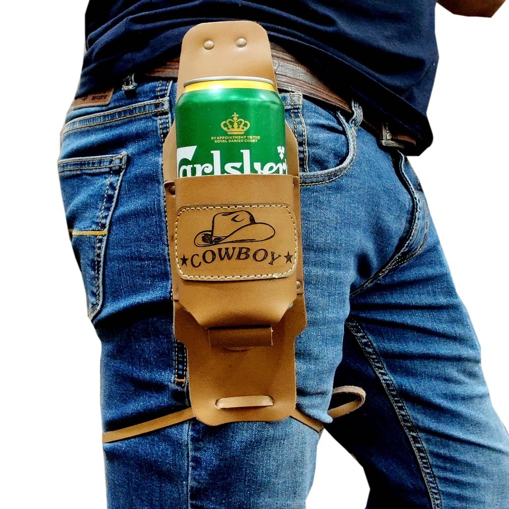 5MOONSUN5's Beer Holster Leather Cowboy Beer Holster, Handsfree Beverage Holder, Bottle Leg Grip, Old School, Western Drinking, Men's Party Gift Gear, Handmade with Brass Metal Rivets (Beige Brown)