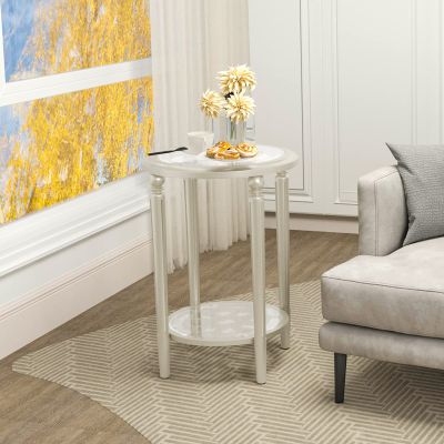AQUILLA 2 Tier Modern Champagne Side Table, MDF Material Round Accent Table with Storage, Vintage End Table Suitable for Living Room, Bedroom, Pine Wood, Glass Top