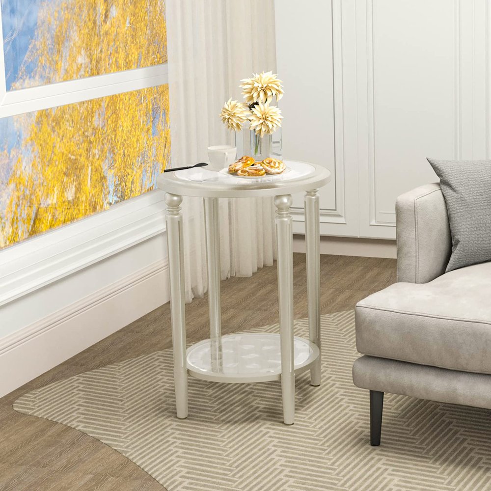 AQUILLA 2 Tier Modern Champagne Side Table, MDF Material Round Accent Table with Storage, Vintage End Table Suitable for Living Room, Bedroom, Pine Wood, Glass Top