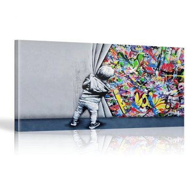 HOLEILUCK Behind The Curtain Canvas Paintings Graffiti Street Art Banksy Graffiti Art Oversized Wall Art Pictures for Home Decor 90x190cm(36x75in) Withframe