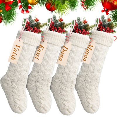 Sumind 4 Pack Personalized Christmas Stocking 18'' Large Family Knitted Xmas Stocking with Name Tags Set for Holiday Fireplace Party Decor (Ivory)