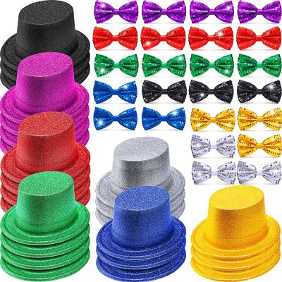 Zhanmai 48 Pcs Cosplay Party Costume Accessories 24 Party Hats for Adults Funny Top Hats Bulk 24 Adjustable Sequin Bow Tie(Colorful)