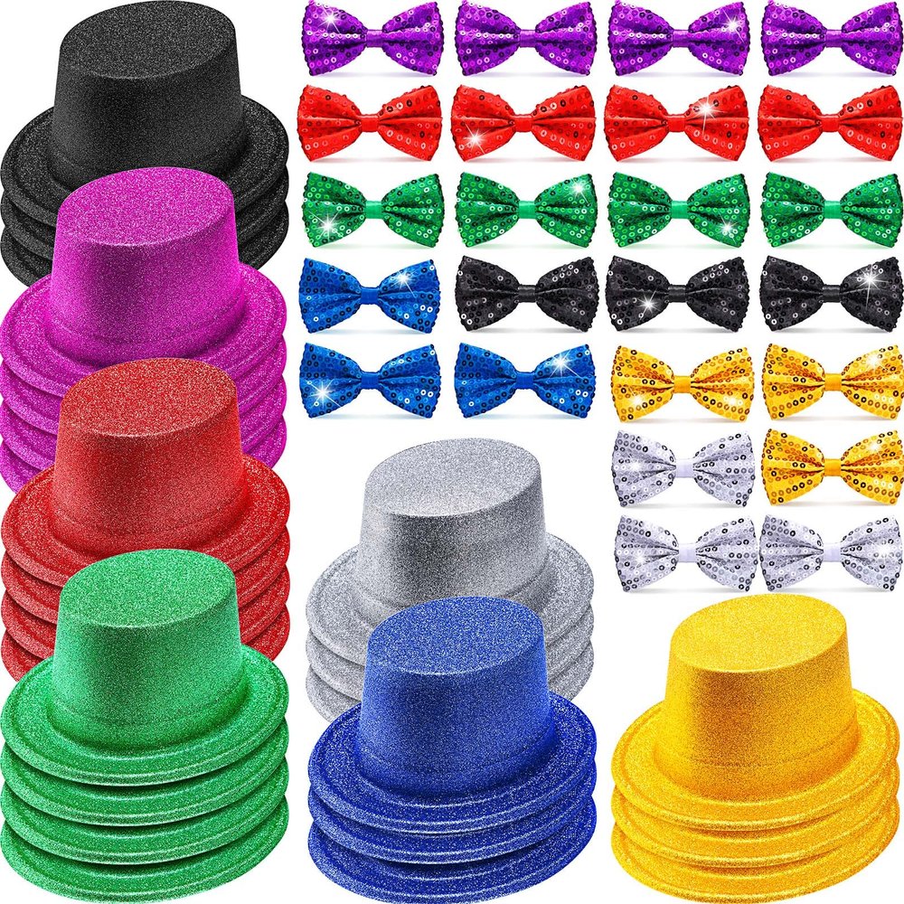 Zhanmai 48 Pcs Cosplay Party Costume Accessories 24 Party Hats for Adults Funny Top Hats Bulk 24 Adjustable Sequin Bow Tie(Colorful)
