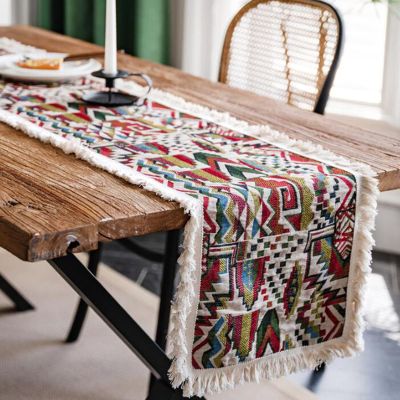 Linen Table Runner, French Vintage Geometric Insulated Placemat, Entrance Cover Towel Table Pad Tassel Party Decoration (Color : Red, Size : 30 * 200cm)