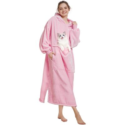 Aemilas Long Wearable Blanket Hoodie - Light Pink, Pet Friendly Oversized Hooded Blanket with Giant Pocket for Cats & Dogs, Cozy Fleece Gift for Women, Mom, Wife,Girlfriend