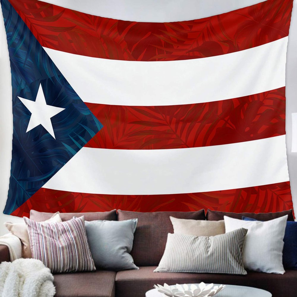 YOKOU Wall Tapestry, Puerto Rico Flag with Leaves Texture Blue Red Wall Hanging Tapestries for Bedroom, Dorm, Living Room, Home Dcor 51"X59"