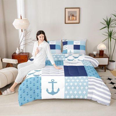 Anchor Pattern Comforter Set Cartoon Whale Bedding Set for Kids Girls Women Adults Stripes Grid Comforter Blue Navy White Quilted Duvet Set Bedroom Collection Twin Size 2Pcs