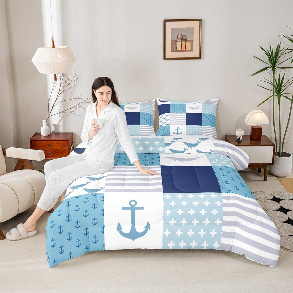 Anchor Pattern Comforter Set Cartoon Whale Bedding Set for Kids Girls Women Adults Stripes Grid Comforter Blue Navy White Quilted Duvet Set Bedroom Collection Twin Size 2Pcs