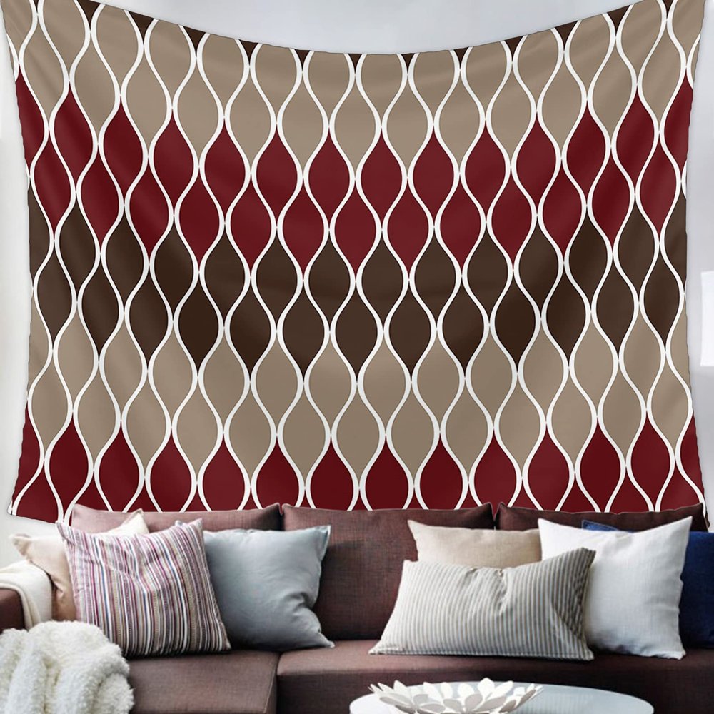 YOKOU Wall Tapestry, Mid Century Design Wave Stripe Geometric Pattern Brown Burgundy Red Wall Hanging Tapestries for Bedroom, Dorm, Living Room, Home Dcor 85"X90"