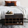 Household Essentials Entryway Storage Bench with 3 Dark Grey Drawers 10 Shoe Compartments and Cushioned Seat in Mid Century Walnut Wood Grain view 2