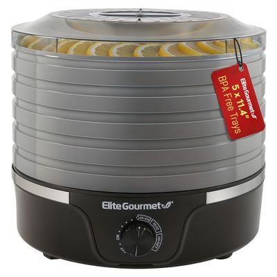 Elite Gourmet EFD319BNG Food Dehydrator, 5 BPA-Free 11.4" Trays Adjustable Temperature Controls, Jerky, Herbs, Fruit, Veggies, Dried Snacks, Black and Grey, 5 Trays