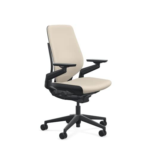 Steelcase Gesture Office Chair - Era Oatmeal Fabric, Low Seat Height, Shell Back, Black on Black Frame, and Standard Carpet Casters