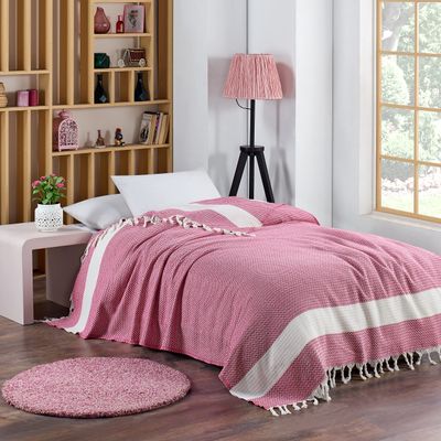Aegean Concept Blanket, Vintage Boho Rustic 100% Cotton Super Soft 63"x90" (160 cm x 230 cm) Twin Size,Adult Turkish Muslin Light, Cozy Couch Bedcover Twin Blankets, Pink