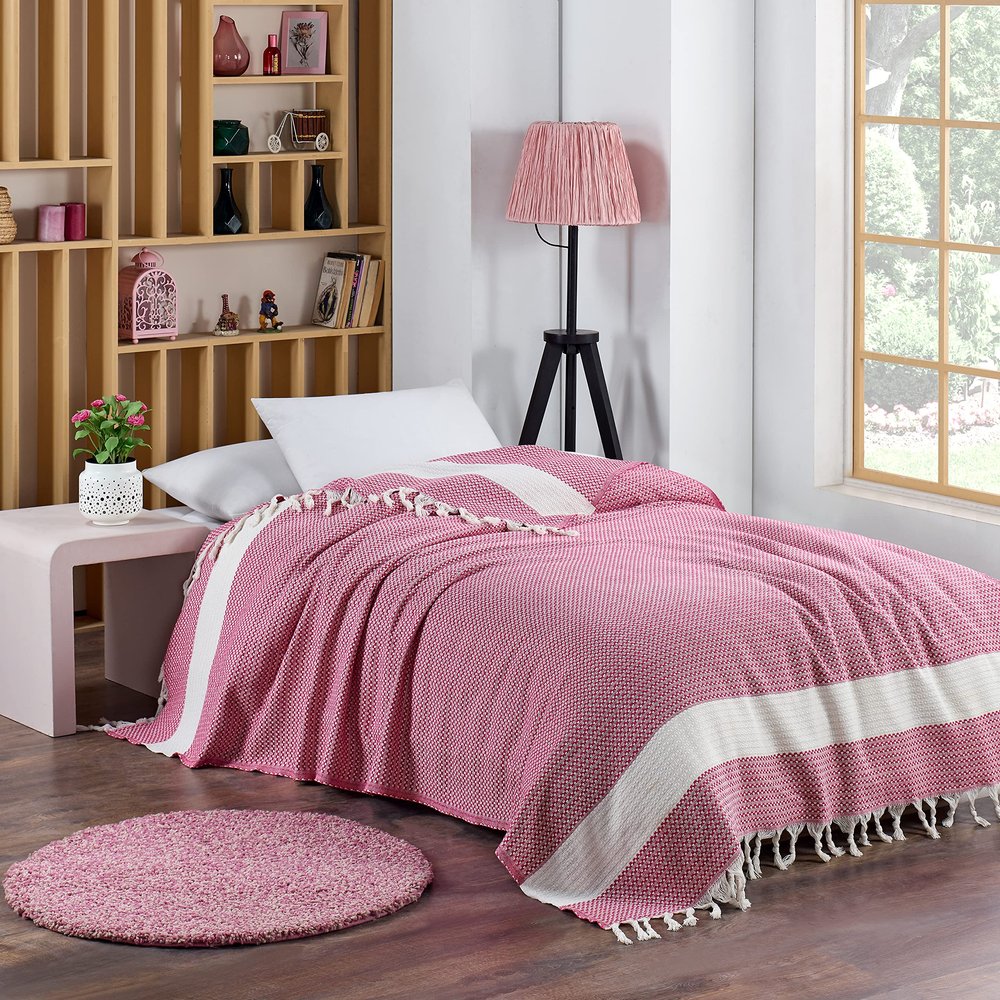 Aegean Concept Blanket, Vintage Boho Rustic 100% Cotton Super Soft 63"x90" (160 cm x 230 cm) Twin Size,Adult Turkish Muslin Light, Cozy Couch Bedcover Twin Blankets, Pink