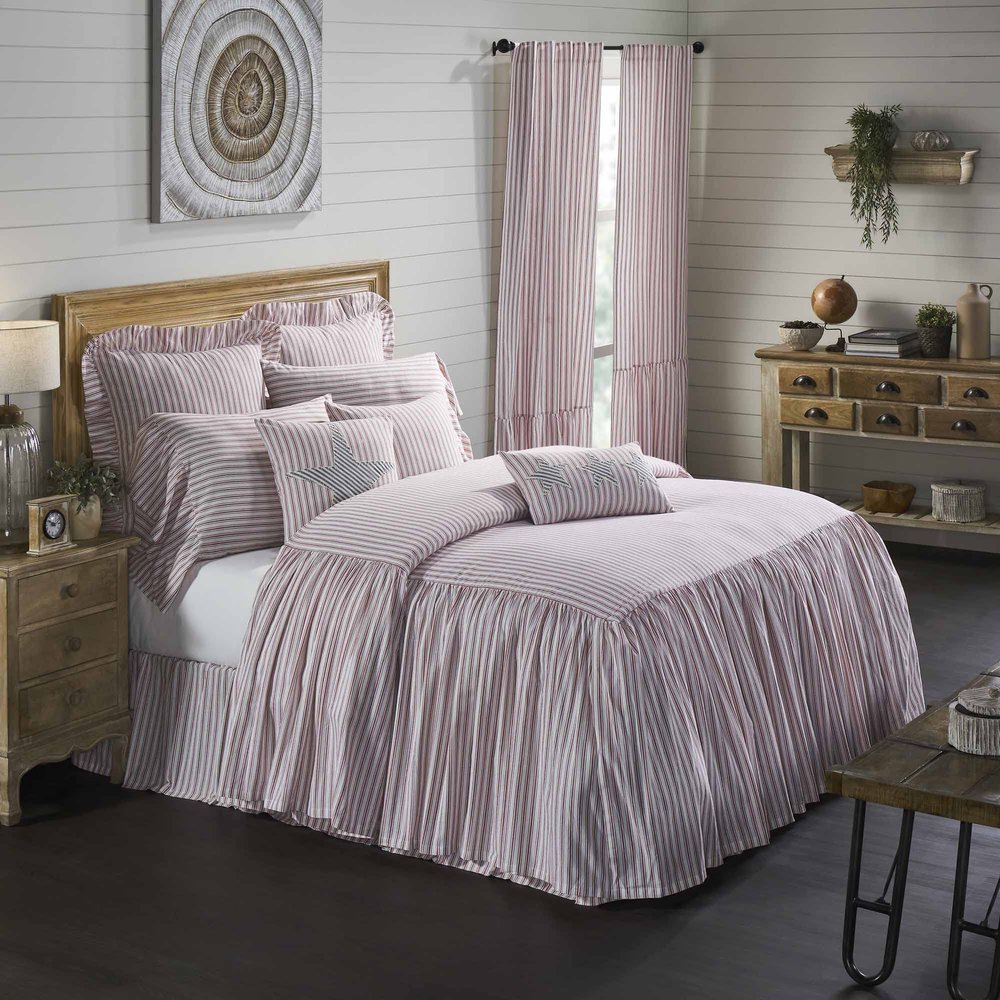 Timeless Ticking Red Ruffled Twin Bedspread, High Skirt on 3 Sides, Vintage Farmhouse Bedding, Christmas