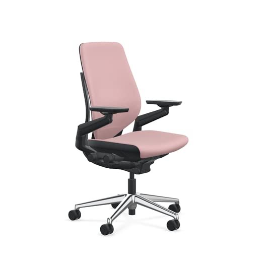 Steelcase Gesture Office Chair - Era Pink Lemonade Fabric, Medium Seat Height, Shell Back, Black on Black Frame with Polished Aluminum Base, Lumbar Support, and Standard Carpet Casters