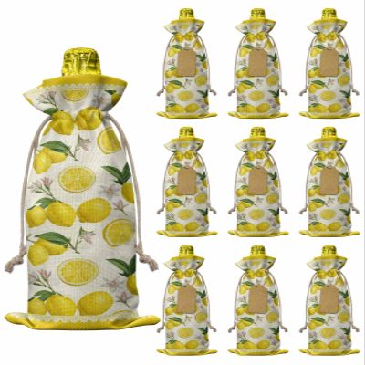 10 Pack Wine Bottle Bags, Summer Lemon Wine Bottle Cover with Drawstring, Yellow Tropical Lemon Spring Floral Gift Bag for Champagne Wedding Birthday Party