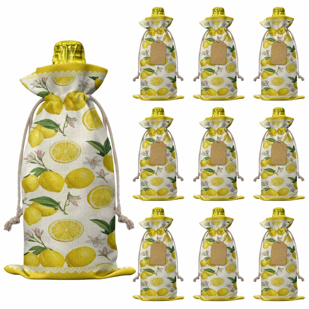 10 Pack Wine Bottle Bags, Summer Lemon Wine Bottle Cover with Drawstring, Yellow Tropical Lemon Spring Floral Gift Bag for Champagne Wedding Birthday Party