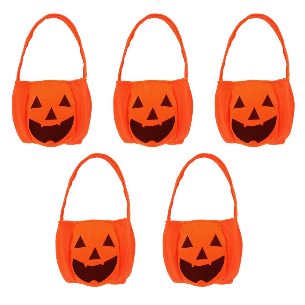 Beavorty 5pcs Pumpkin Candy Baskets Non-woven Handheld Treat Bags for Halloween Party Candy Holders for Home Office Garden and Events
