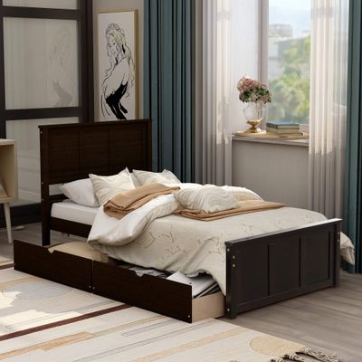Twin Platform Bed with 2 Drawers , Solid Wood Twin Size Platform Bed Frame with Headboard for Teens Adults Living Room Bedroom Guest Room, No Box Spring Needed, Espresso
