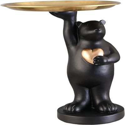 Bear Figurine with Tray Animal Ornament Cosmetic Jewelry Organizers Serving Tray for Living Room Table Home Decoration - Black