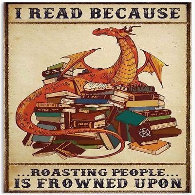 Licpact Vintage Metal Plaque Dragon Books I Read Metal Wall Plaque Decor Lovers Gift Outdoor Indoor Wall Panel Retro Vintage Mural 8x5.5 Inch