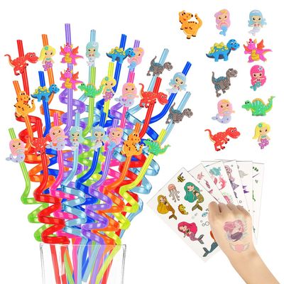 24 Reusable Drinking Plastic Straws + 6 Temporary Tattoos or 6 Silicone bracelets for Girls and Boys Birthday Party Decorations with Unicorn,Mermaid,or Dinosoaur,plus 1 Cleaning Brush