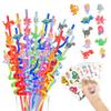 24 Reusable Drinking Plastic Straws + 6 Temporary Tattoos or 6 Silicone bracelets for Girls and Boys Birthday Party Decorations with Unicorn,Mermaid,or Dinosoaur,plus 1 Cleaning Brush view 1