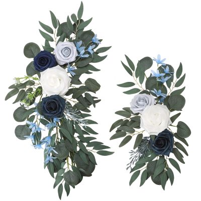2PCS Artificial Wedding Arch Flowers, Silk Rose Flower Swag with Eucalyptus Leaves, Wedding Welcome Sign Floral Garland for Wedding Ceremony and Reception Backdrop Home Decor (Blue)