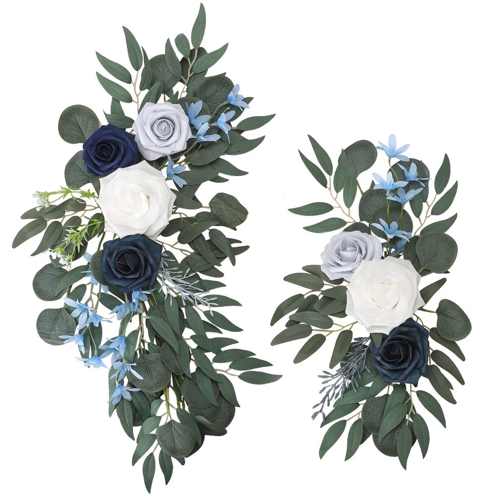 2PCS Artificial Wedding Arch Flowers, Silk Rose Flower Swag with Eucalyptus Leaves, Wedding Welcome Sign Floral Garland for Wedding Ceremony and Reception Backdrop Home Decor (Blue)