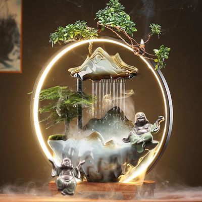 Bnhcoe Tabletop Buddha Fountains Indoor Buddha Tabletop Water Fountains with Waterfall Lights Mist Backflow Incense Holder Meditation Indoor Zen Fountain for Home Office Room Decor (2 Buddha Statues)