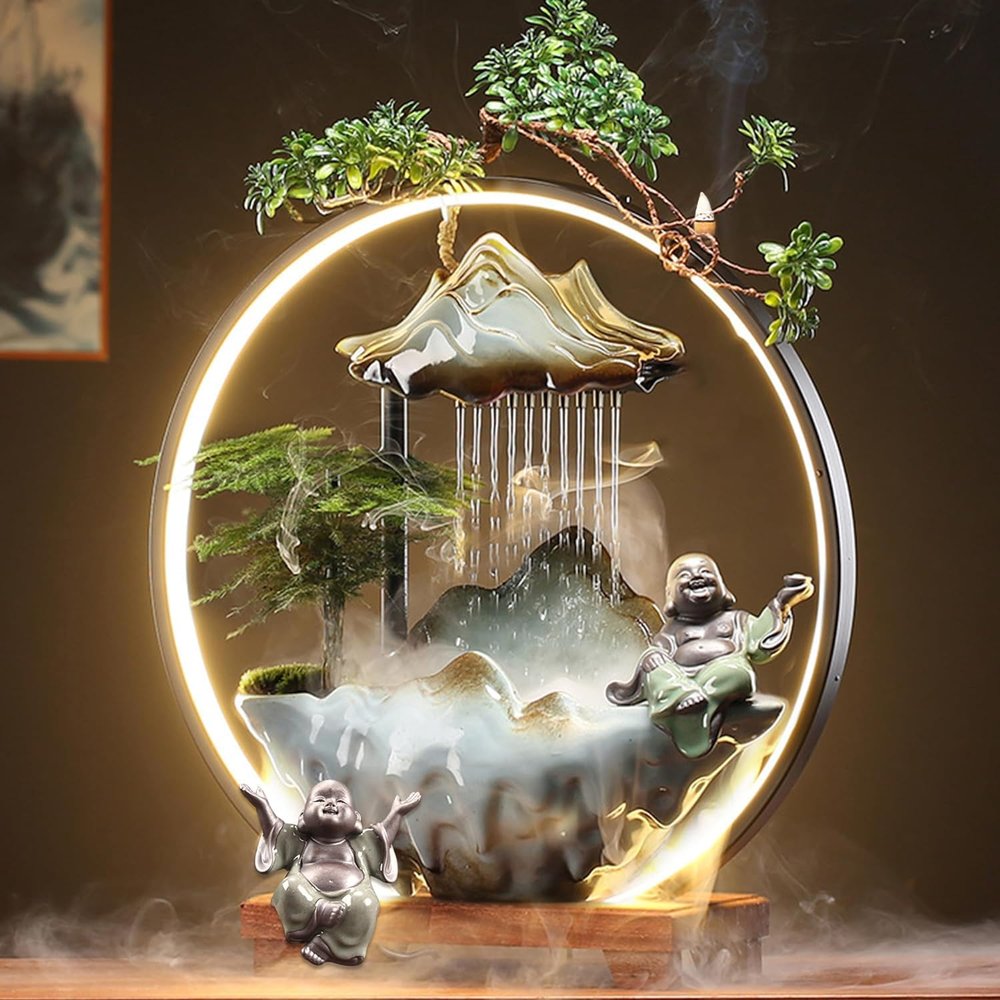 Bnhcoe Tabletop Buddha Fountains Indoor Buddha Tabletop Water Fountains with Waterfall Lights Mist Backflow Incense Holder Meditation Indoor Zen Fountain for Home Office Room Decor (2 Buddha Statues)