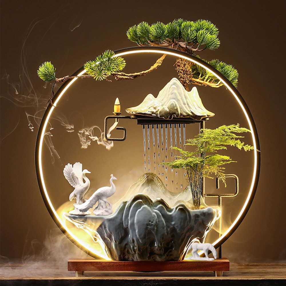 Bnhcoe Tabletop Water Fountain Indoor Animals Desktop Waterfall Fountain with Lights Mist Backflow Incense Holder Meditation Relaxing Indoor Zen Decor for Home, Office (Peacock, Horse & Crane)