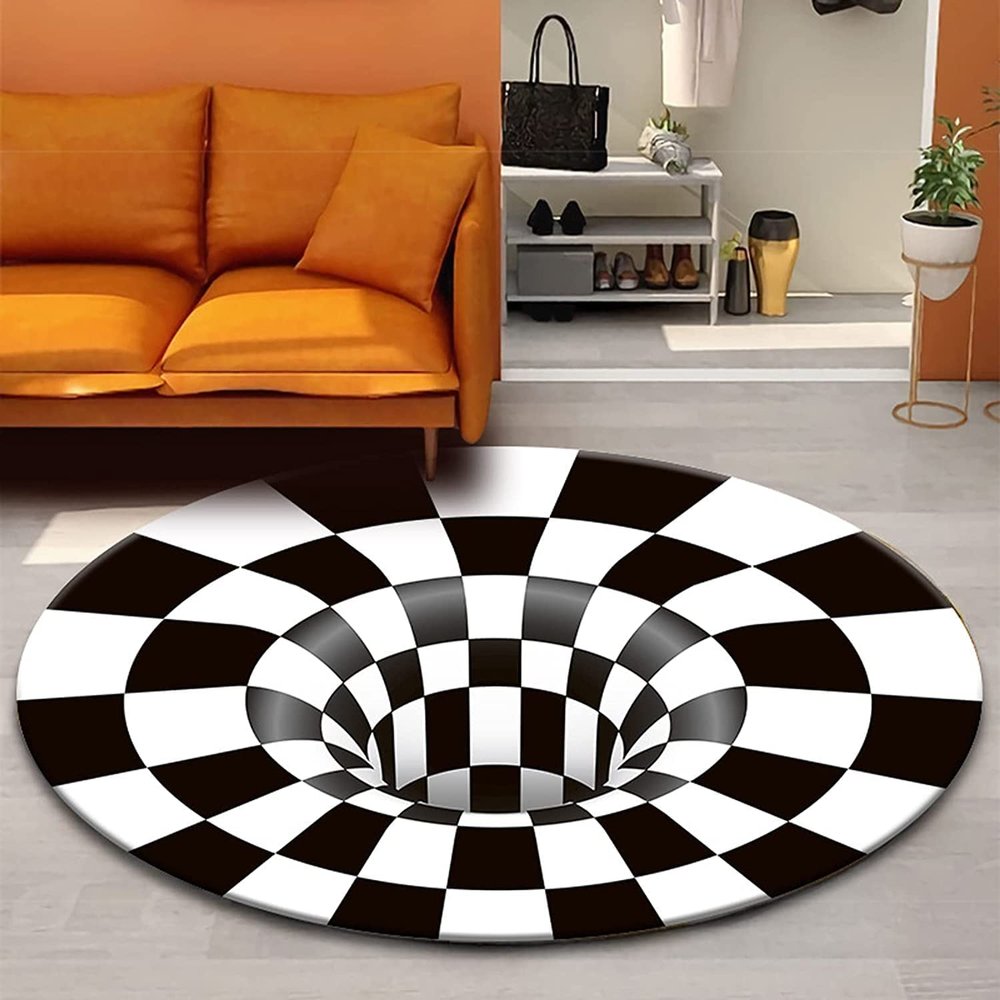 3D Carpet Bottomless Hole Optical Illusion Area Rug, Black and White Plaid Rug, Checkered Optical Illusions Rug, for Dining Room Carpet Home Bedroom Floor Mat,4,63 * 63 inch