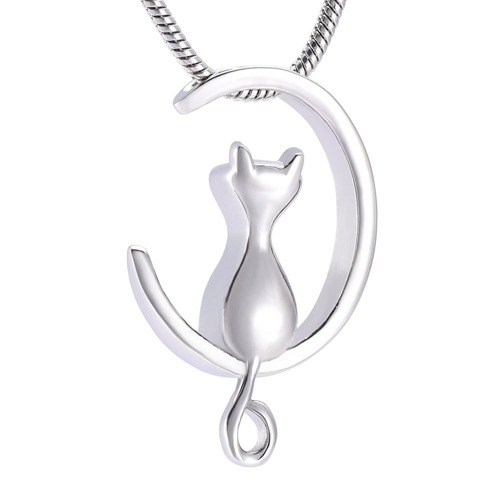 SHEIL Moon & Cat Stainless Stee Cremation Jewelry for Pet Memorial Urns Necklace Hold Ashes Keepsake Locket Jewelry,1