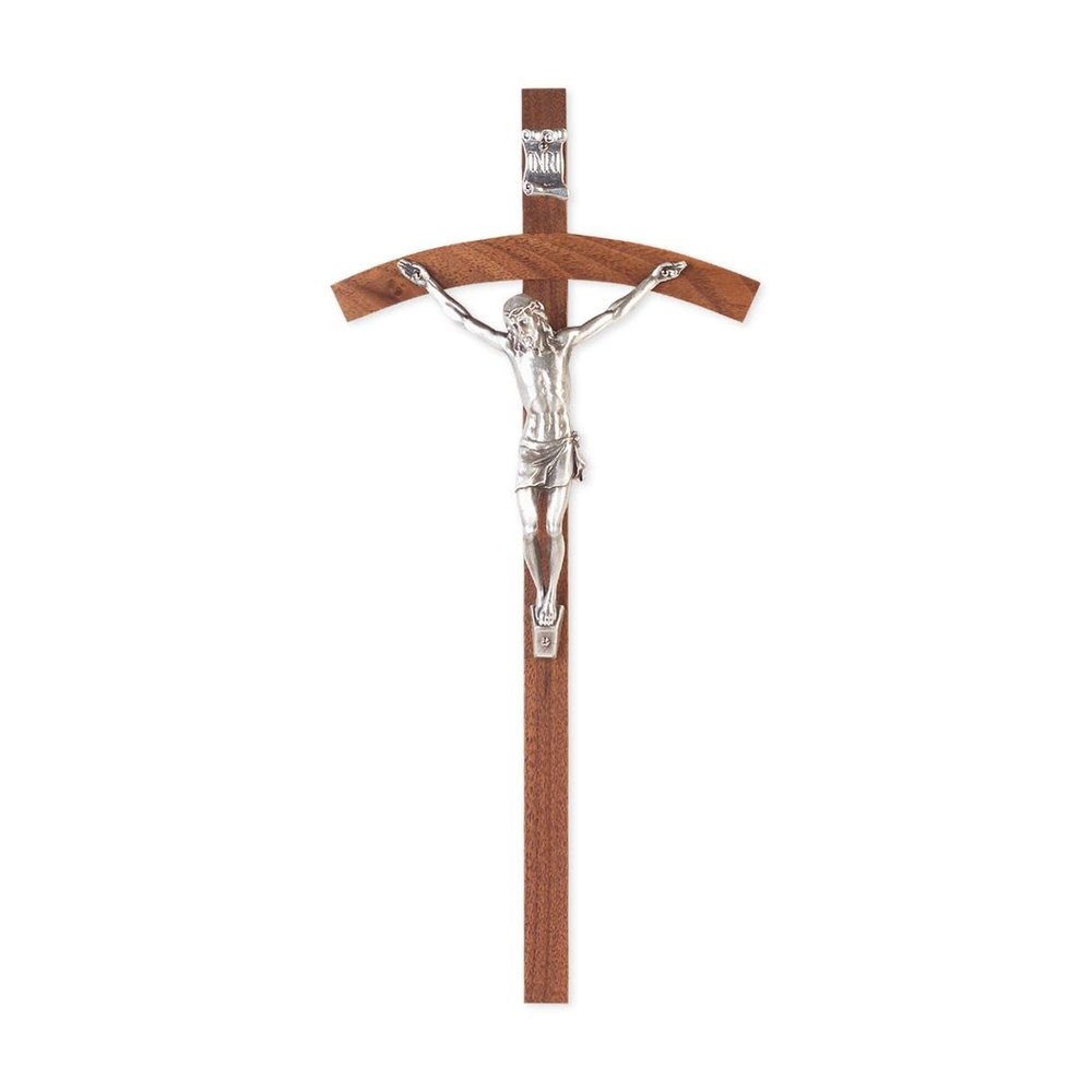 10" Walnut Wood Cross w/Silver Papal Corpus