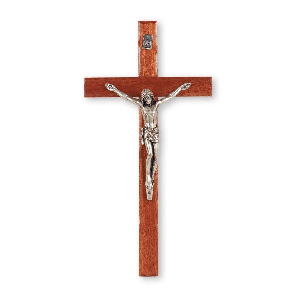 10" Italian Genuine Walnut Cross with 4.5" Antique Silver Figure