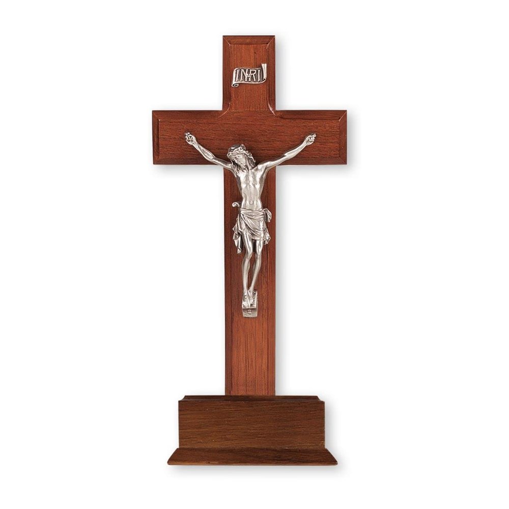 10" Dark Cherry Wood Standing Crucifix with a Pewter Corpus