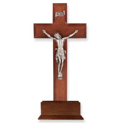 10" Walnut Wood Standing Cross on a Base with a Pewter Corpus