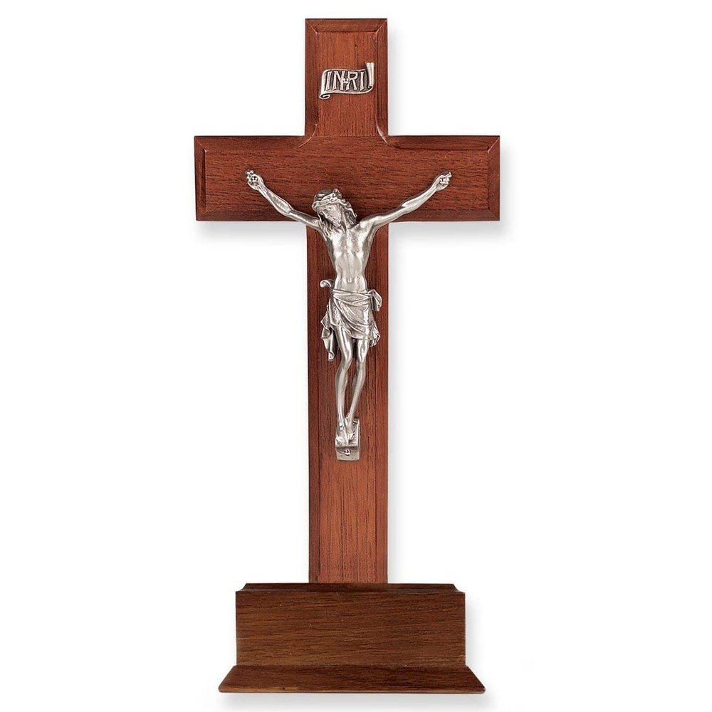 10" Walnut Wood Standing Cross on a Base with a Pewter Corpus