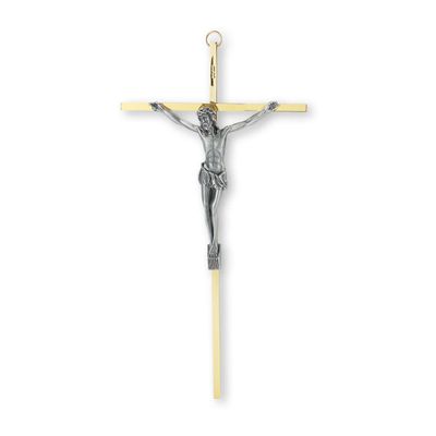 10" Brass Plated Metal Cross with Antiqued Silver Plated Corpus